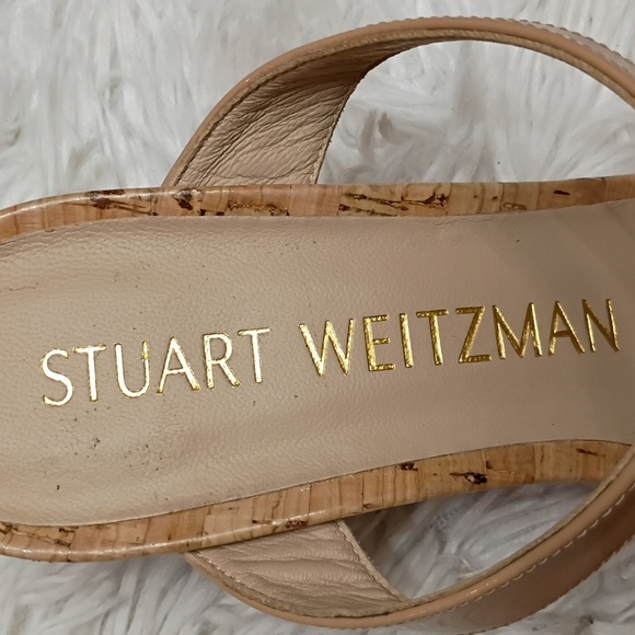 New Stuart Weitzman Aleena Nude Cork Wedge Square Toe Side Slip On Sandals 8B - Picture 16 of 16
